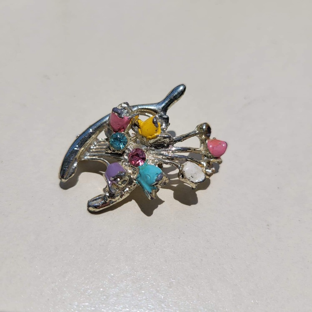 Vintage Silver Tone Wishbone Enamel Rhinestone Floral Bouquet Multicolor Brooch